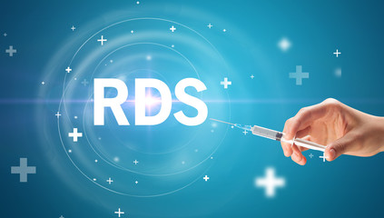 Syringe needle with virus vaccine and RDS abbreviation, antidote concept
