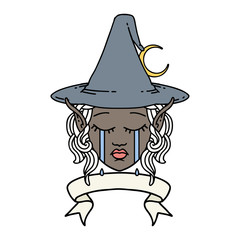 crying elf mage character face wiht banner illustration