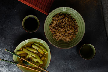 Traditional chinese food with rice and meat
