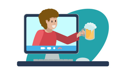 Concept online party with beer. Cheerful man with glass of foam ale climbs out of  computer monitor, laptop. Oktomberfest at home. Vector flat illustration. Social network