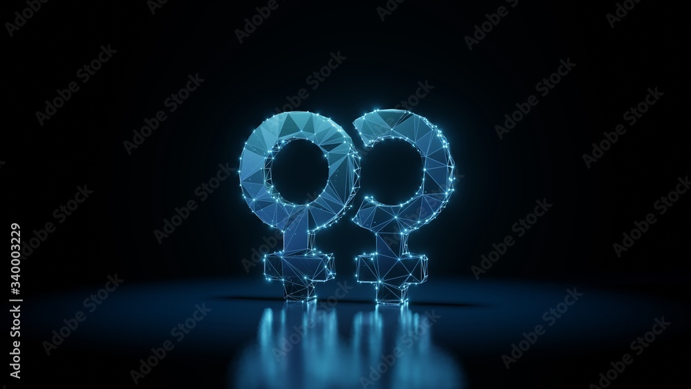 Poster 3d rendering wireframe neon glowing symbol of venus double on black background with reflection