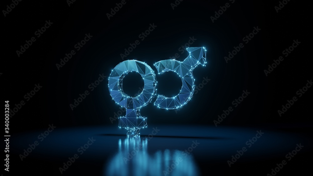 Poster 3d rendering wireframe neon glowing symbol of venus mars on black background with reflection