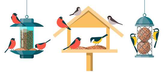 Fototapeta na wymiar Different types of bird feeders - Hopper Or House Feeder, Nyjer Feeder and Suet Feeder. Illustrations in a flat cartoon style isolated on white background.