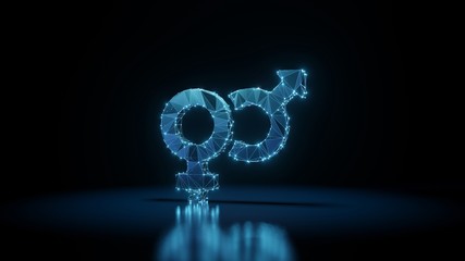 Fototapeta na wymiar 3d rendering wireframe neon glowing symbol of Venus mars on black background with reflection
