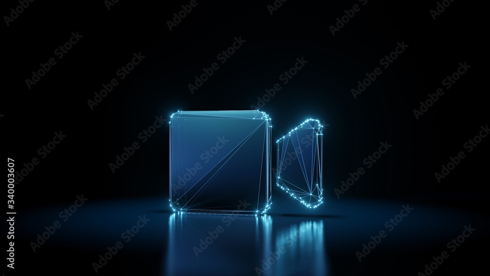 Poster 3d rendering wireframe neon glowing symbol of video on black background with reflection