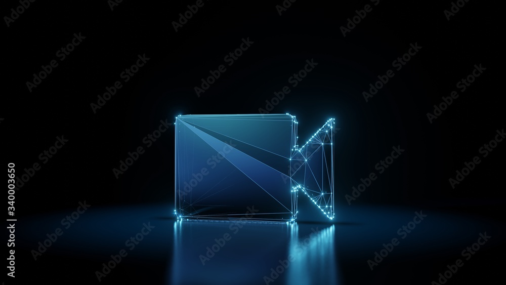 Poster 3d rendering wireframe neon glowing symbol of video on black background with reflection