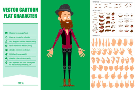 Cartoon funny hipster bearded boy character in black hat. Ready for animations. Face expressions, eyes, brows, mouth and hands easy to edit. Isolated on green background. Big vector icon set.