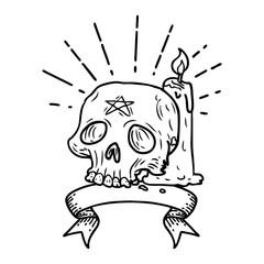 banner with black line work tattoo style spooky skull and candle