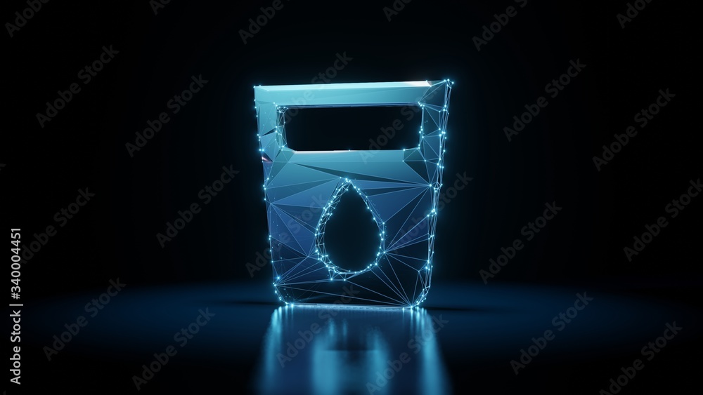 Poster 3d rendering wireframe neon glowing symbol of water on black background with reflection
