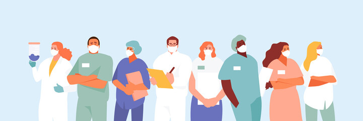 Group team of doctors wearing masks. Stop coronavirus vector illustration