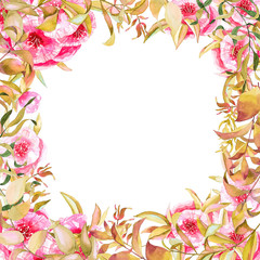 Frame of flowers and leaves, white background for an inscription, watercolor handmade.