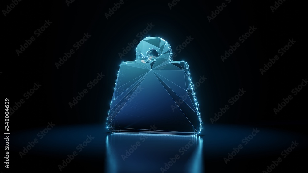 Poster 3d rendering wireframe neon glowing symbol of weight hanging on black background with reflection