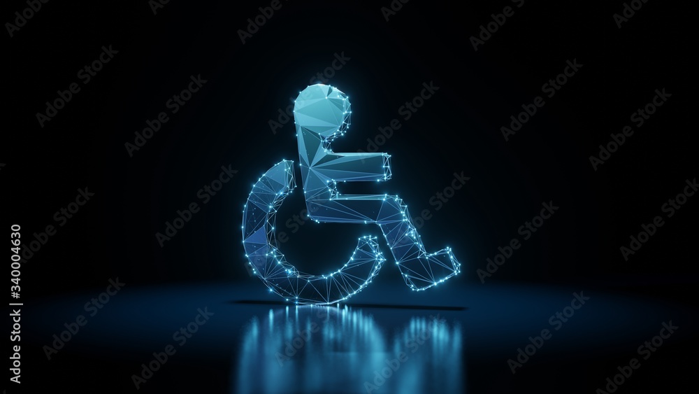 Poster 3d rendering wireframe neon glowing symbol of wheelchair on black background with reflection