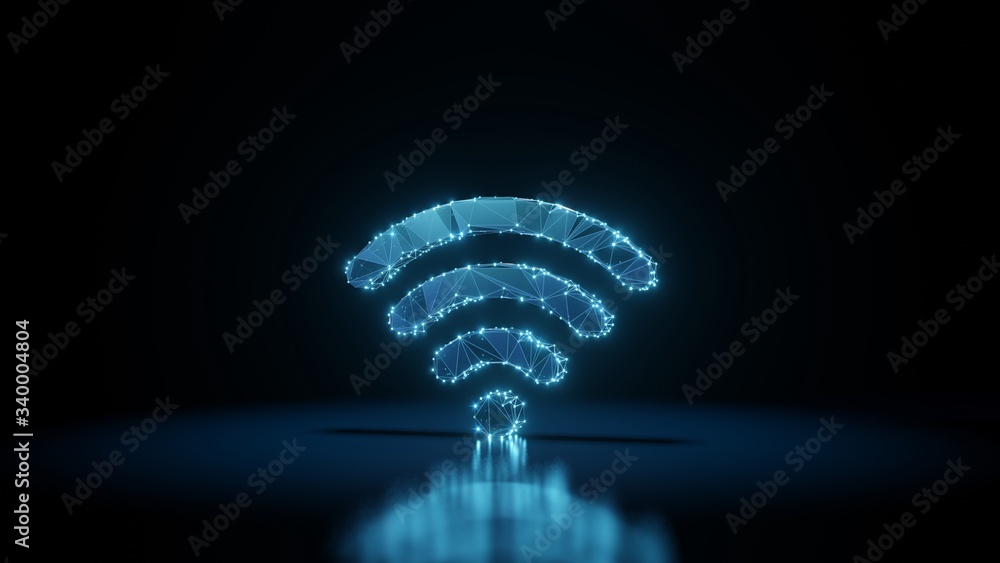 Poster 3d rendering wireframe neon glowing symbol of wi-fi 1 on black background with reflection