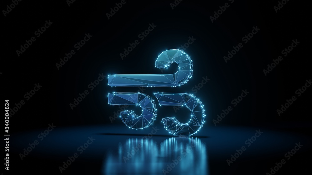 Poster 3d rendering wireframe neon glowing symbol of wind on black background with reflection