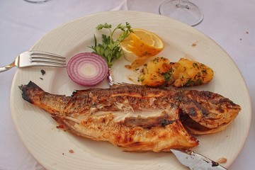 tasty big grilled fish on a white plate with vegetables