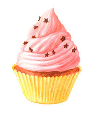 Watercolor Cupcake with Chocolate Powder, hand drawn delicious food illustration, isolated on white background.