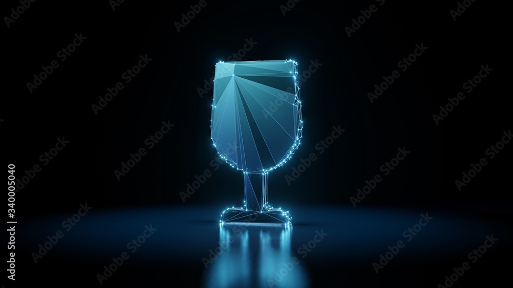 Poster 3d rendering wireframe neon glowing symbol of wine glass on black background with reflection