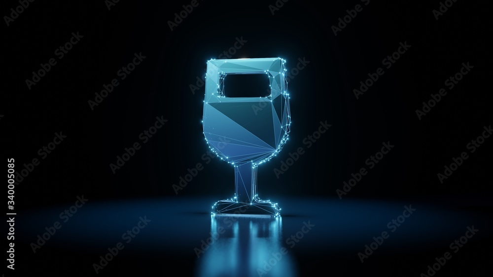 Poster 3d rendering wireframe neon glowing symbol of wine glass alt on black background with reflection