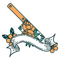 tattoo with banner of a cleaver and flowers