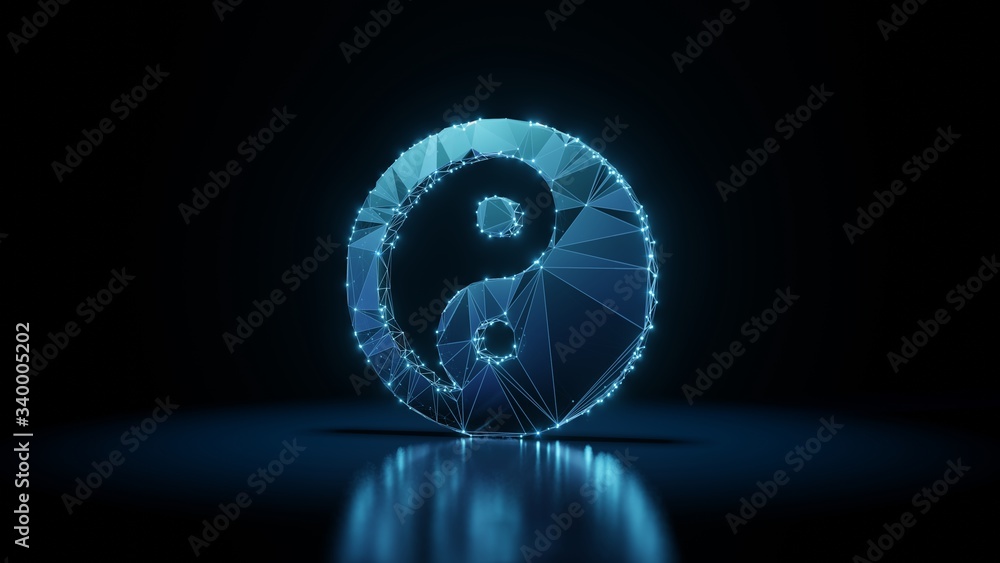 Poster 3d rendering wireframe neon glowing symbol of yin yang on black background with reflection