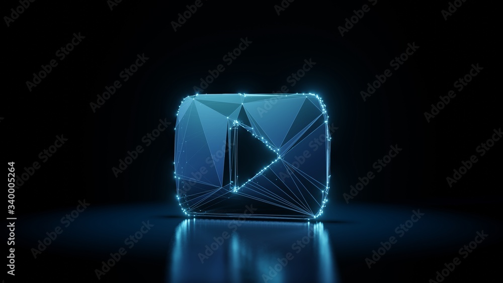 Poster 3d rendering wireframe neon glowing symbol of youtube logo on black background with reflection