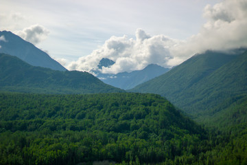 Beautiful mountain landscape with trees and clouds in summer
