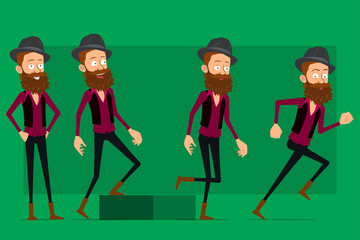 Cartoon flat funny cute hipster bearded boy character in black hat. Ready for animations. Successful hipster walking to his goal. Isolated on green background. Big vector icon set.