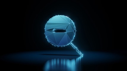 3d rendering wireframe neon glowing symbol of magnifier zoom out on black background with reflection