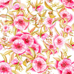 Seamless pattern of flowers and leaves on a white background, watercolor handmade