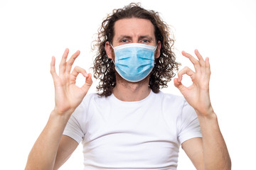 Man in medical mask. Pandemic coronavirus epidemic covid-19 quarantine isolated white