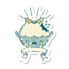 grunge sticker of tattoo style christmas pudding character crying