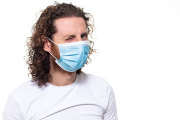 Man in medical mask. Pandemic coronavirus epidemic covid-19 quarantine isolated white