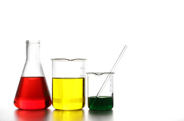 Experimental glassware Resting on a white table In the laboratory To research the treatment of coronavirus. Science Concepts, Education. white background. copy space