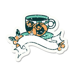 grunge sticker with banner of a cup and flowers