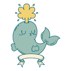 banner with tattoo style happy squirting whale character