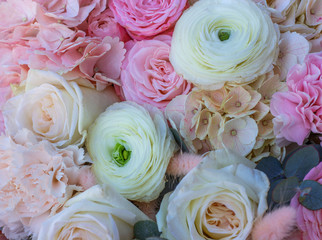 Beautiful nature flower backgrounds. Pastel and soft bouquet floral card. Festive background. Birthday, Mother’s day, Woman’s day. Wedding Flowers. .