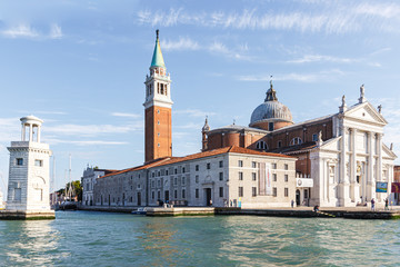 Fototapeta na wymiar Venice architecture. The Church of San Giorgio Maggiore and Faro San Giorgio Maggiore lighthouse in Venice, Italy.