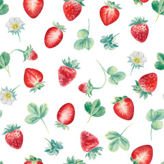 Hand painted watercolor seamless pattern with strawberries on white background. Perfect for wrappers, wallpapers, textile, postcards, greetings, wedding invitations, romantic events.