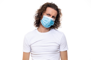 Man in medical mask. Pandemic coronavirus epidemic covid-19 quarantine isolated white