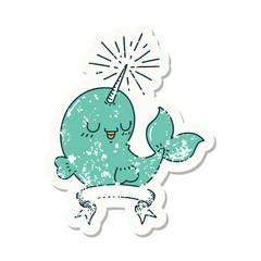 grunge sticker of tattoo style happy narwhal