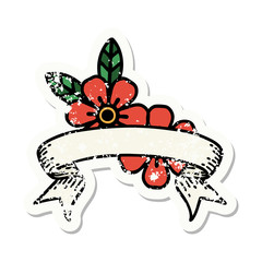 grunge sticker with banner of flowers