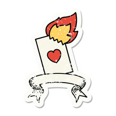 grunge sticker with banner of a flaming card