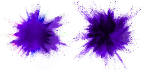 Purple powder explosion on white  background. Colored cloud. Colorful dust explode. Paint Holi.