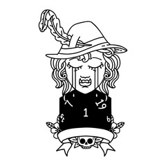 crying orc bard character with natural one D20 roll illustration