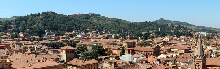 Fototapeta na wymiar Panoramic view of the hills around the city of Bologna. Italian Apennine mountain. South side of the city