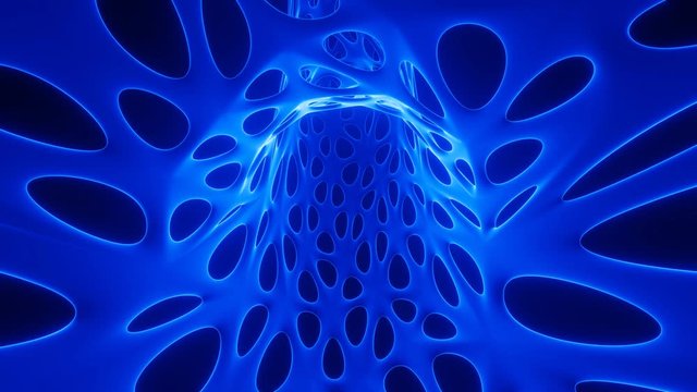 3D rendering, abstract organic wormhole or tunnel. Blue color, dizzying repeating patterns. Loopable 3D 4K animation, clean design