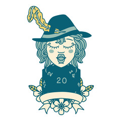 human bard character with natural 20 dice roll illustration