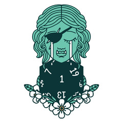 crying half orc rogue character with natural one D20 roll illustration