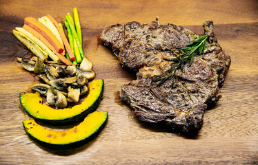 Beef steak grilled with spice peper origano Himalayan pink salt olive oil decorated with rosemarry...
